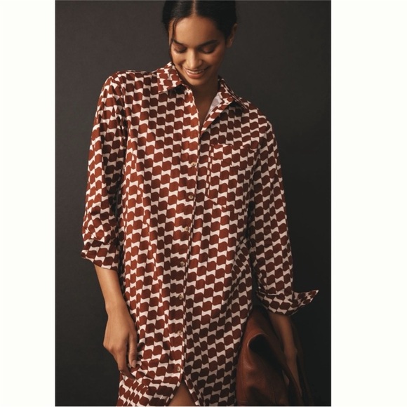 Anthropologie The Soren Long-Sleeve Shirt Dress Maeve size L Petite Orange Motif - Picture 2 of 9